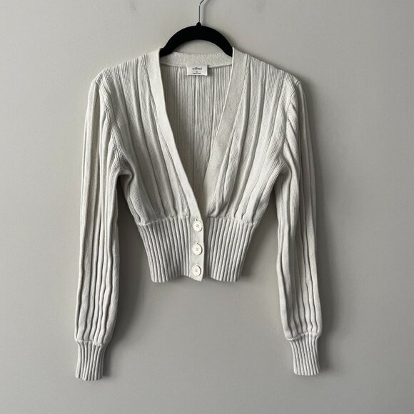 WILFRED Plunge Button Front Cardigan Knit Wool Long Sleeve Cropped Neutral XS - Picture 2 of 9